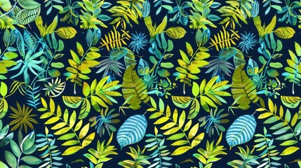 Wall Mural - Watercolor Tropical Leaves Pattern on Dark Background