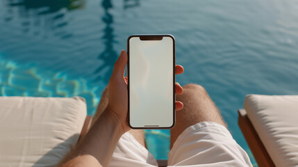 Hands casually holding an iPhone mockup with a white screen on a lap, with the person's shorts and a bit of a poolside lounger visible