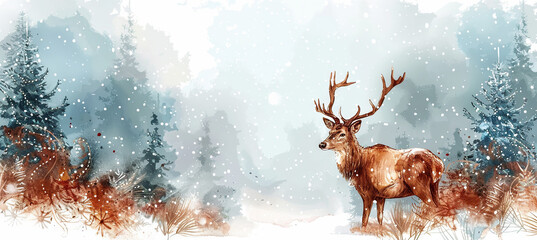  watercolour illustration of deer on the christmas background, banner, greeting card 