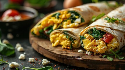 Wall Mural -   A burrito on a cutting board with eggs and spinach in the background