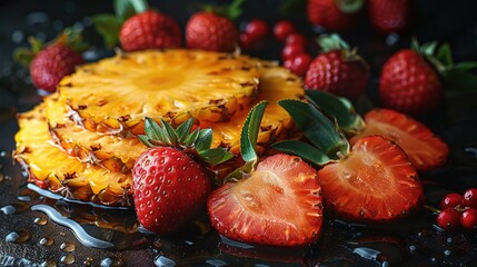 Wall Mural -   A close-up photo of a pineapple cake with strawberries on both sides of the cake