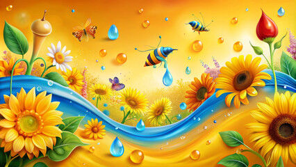 Wall Mural - Lively scene with cheerful sunflowers,colorful butterflies and bees carrying drops of water under a bright yellow sky.Blue and orange waves run across the landscape, creating a whimsical atmosphere.AI