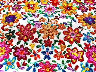 Wall Mural - Colorful Mexican embroidery floral pattern on a white background