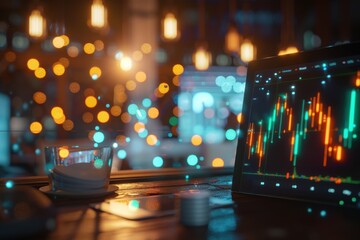 Poster - A laptop displaying stock market graphs with bokeh lights in the background, creating a modern, dynamic financial atmosphere.