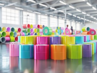 Poster - Vibrant rolls of colorful material in a bright, spacious warehouse setting, showcasing industrial production and modern manufacturing technology.