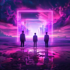 Surreal digital art featuring three figures at the edge of a neon-lit, futuristic landscape with vibrant colors and intricate details.