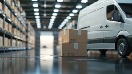 Poster - Modern warehouse with delivery van and package boxes, showcasing efficient logistics and storage solutions.
