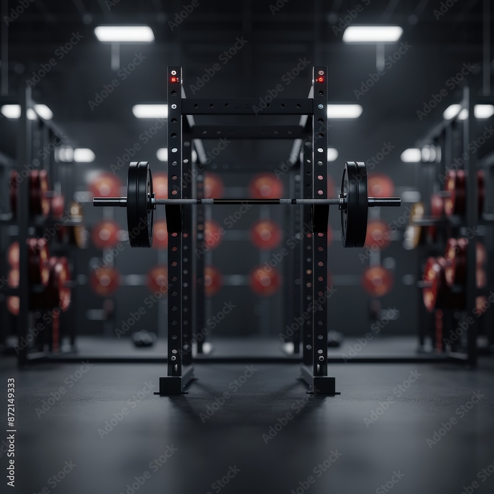 Modern gym interior with barbell on a squat rack, featuring sleek ...