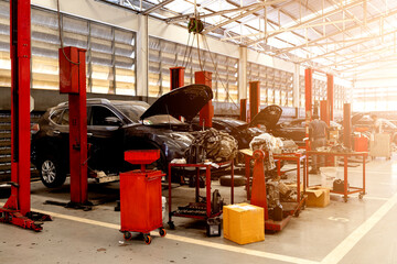 car repair station with soft-focus and over light in the background