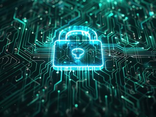 Leinwandbilder - Glowing padlock surrounded by digital circuitry representing cybersecurity and data protection in a virtual environment.