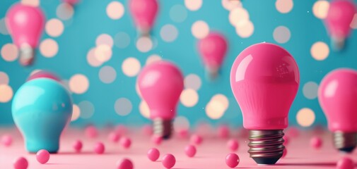 Poster - Pink and blue light bulbs on a colorful background with bokeh effects, representing creativity and innovation in a vibrant setting.