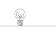© Main - Banner with Plant inside Lightbulb in one line drawing. Creative concept of Green energy and environmental friendly sources. Horizontal Vector illustration, Plant inside Lightbulb in one line drawing.