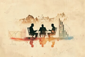 Poster - Abstract illustration of business meeting with charts and graphs background. Teamwork and collaboration in business strategy planning.