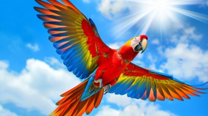 Poster - A colorful parrot in flight, its vivid feathers catching the sunlight against a blue sky