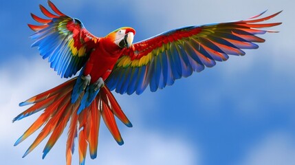 Poster - A colorful parrot in flight, its vivid feathers catching the sunlight against a blue sky