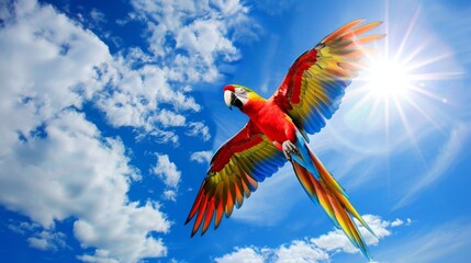 Poster - A colorful parrot in flight, its vivid feathers catching the sunlight against a blue sky