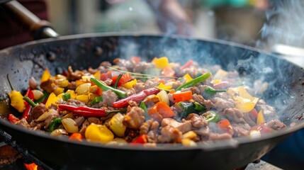 Sticker - A colorful stir-fry sizzling in a hot wok, with vibrant vegetables and meat