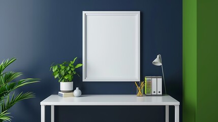 Bright modern office with a minimalist white desk, vibrant green decor, and a blank white frame on a dark blue wall in a  layout.