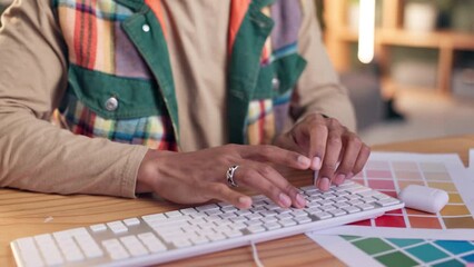 Aufkleber - Color swatch, hands and keyboard with graphic designer at desk in office for feedback or planning. Administration, project management and typing with creative employee person at work on computer