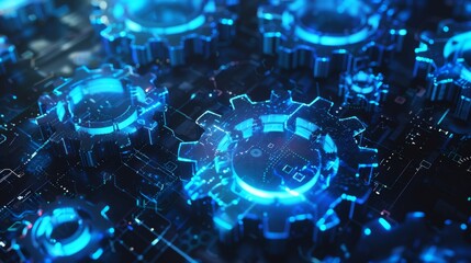 Poster - Cogs and gear wheels concept in low polygonal mesh of blue dots, lines, and shapes in wireframe. ISO standards quality control concept.