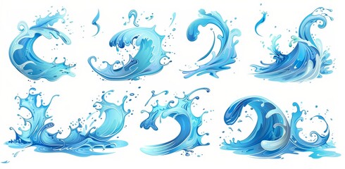Poster - Water splashes, drops of water, waves of the sea or ocean, and swirls. Modern cartoon set of blue water motion effects.