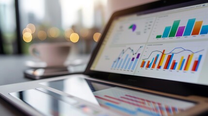 Aufkleber - Analysis of screen charts, KPI metrics dashboards for sales and business results evaluations, and strategic business planning concepts