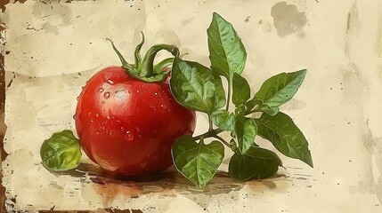 Wall Mural -   Red tomato in a green plant with water droplets above
