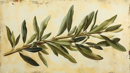 Wall Mural -   A tree branch painting on yellow background with green leaves and a brown center spot