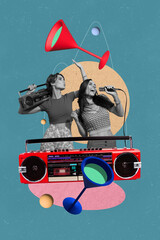 Poster - Vertical poster collage young cheerful woman festive event friday clubbing audio box stereo player martini beverage drawing background