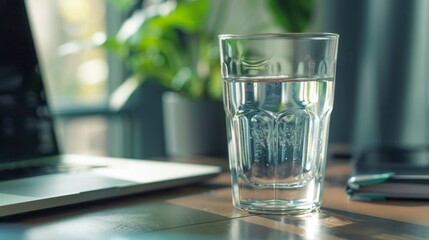 Poster - A glass of water placed on a desk beside a laptop, ready for a work break