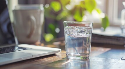 Poster - A glass of water placed on a desk beside a laptop, ready for a work break