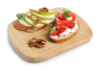 Sticker - Delicious bruschettas with fresh ricotta (cream cheese), strawberry, mint and pear isolated on white