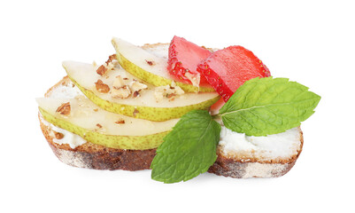 Wall Mural - Delicious ricotta bruschetta with pear, strawberry and walnut isolated on white