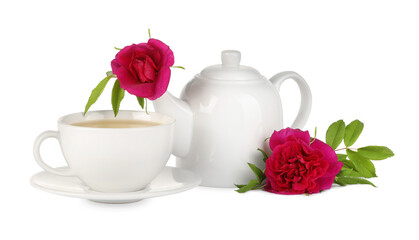 Wall Mural - Aromatic herbal tea with rose flowers isolated on white