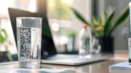 Poster - A glass of water placed on a desk beside a laptop, ready for a work break