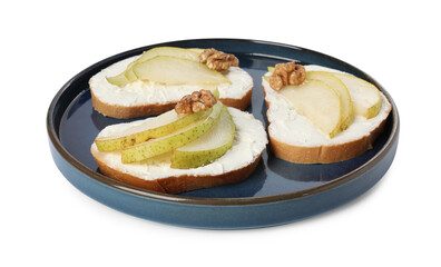 Wall Mural - Delicious bruschettas with ricotta cheese, pears and walnuts isolated on white