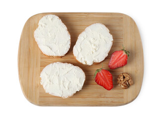 Wall Mural - Delicious bruschettas with ricotta cheese, strawberry and walnut isolated on white, top view