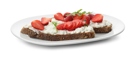 Wall Mural - Delicious ricotta bruschettas with strawberry and arugula isolated on white
