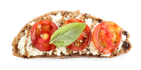 Wall Mural - Delicious ricotta bruschetta with tomatoes, basil and sauce isolated on white, top view