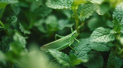 Poster - A grasshopper camouflaged among green leaves, perfectly blending into its environment