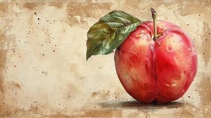 Wall Mural -  A painting of a red apple with a green leaf on its tip and a brown backdrop