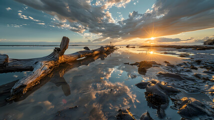 Wall Mural - A large log is floating in the water, with the sun setting in the background