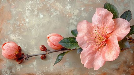 Wall Mural -   A detailed view of a pink blossom on a stick surrounded by emerald foliage against a beige and gray mottled backdrop