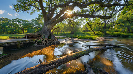 Wall Mural - A large log is floating in the water, with the sun setting in the background