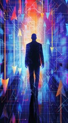 Wall Mural - Silhouette of a Businessman Walking Through a Futuristic Digital Landscape