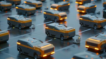 Poster - A row of autonomous vehicles, each with a distinctive orange and grey color scheme, are parked in a neat line, suggesting a futuristic urban setting.