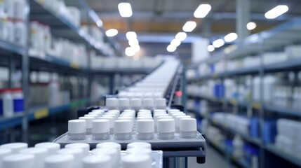 Aufkleber - White containers are moving along a conveyor belt in a factory. The containers are being transported to a storage area.