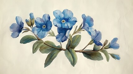 Wall Mural -   Painted blue flowers with green leaves on a white canvas, featuring a green stem and two blue blooms