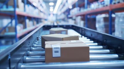 Aufkleber - A close-up view of cardboard boxes moving along a conveyor belt in a warehouse setting.