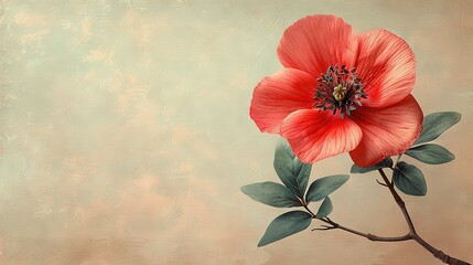 Wall Mural -   Beige background with brown spot, branch containing red flower and green leaves